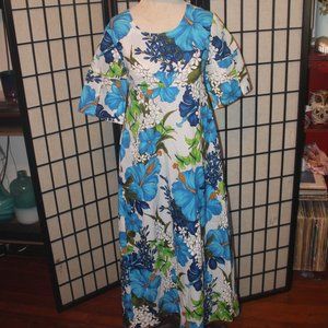 VTG Women's Tropicana Hawaii Blue Floral Dress Jackie O Sheath Maxi